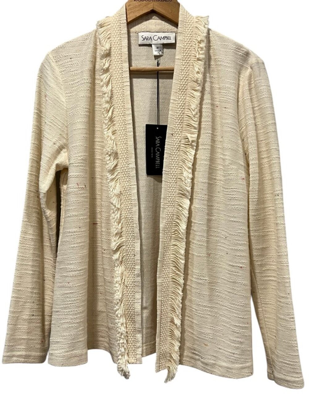 Sara Campbell Confetti Tweed Knit Fringe Cardigan Jacket, NWT, USA, Ivory, M